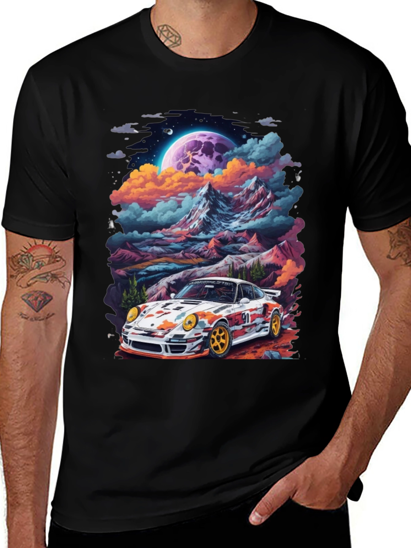 Variant 8 of Retro Racer T-Shirt: Car & Mountain Design