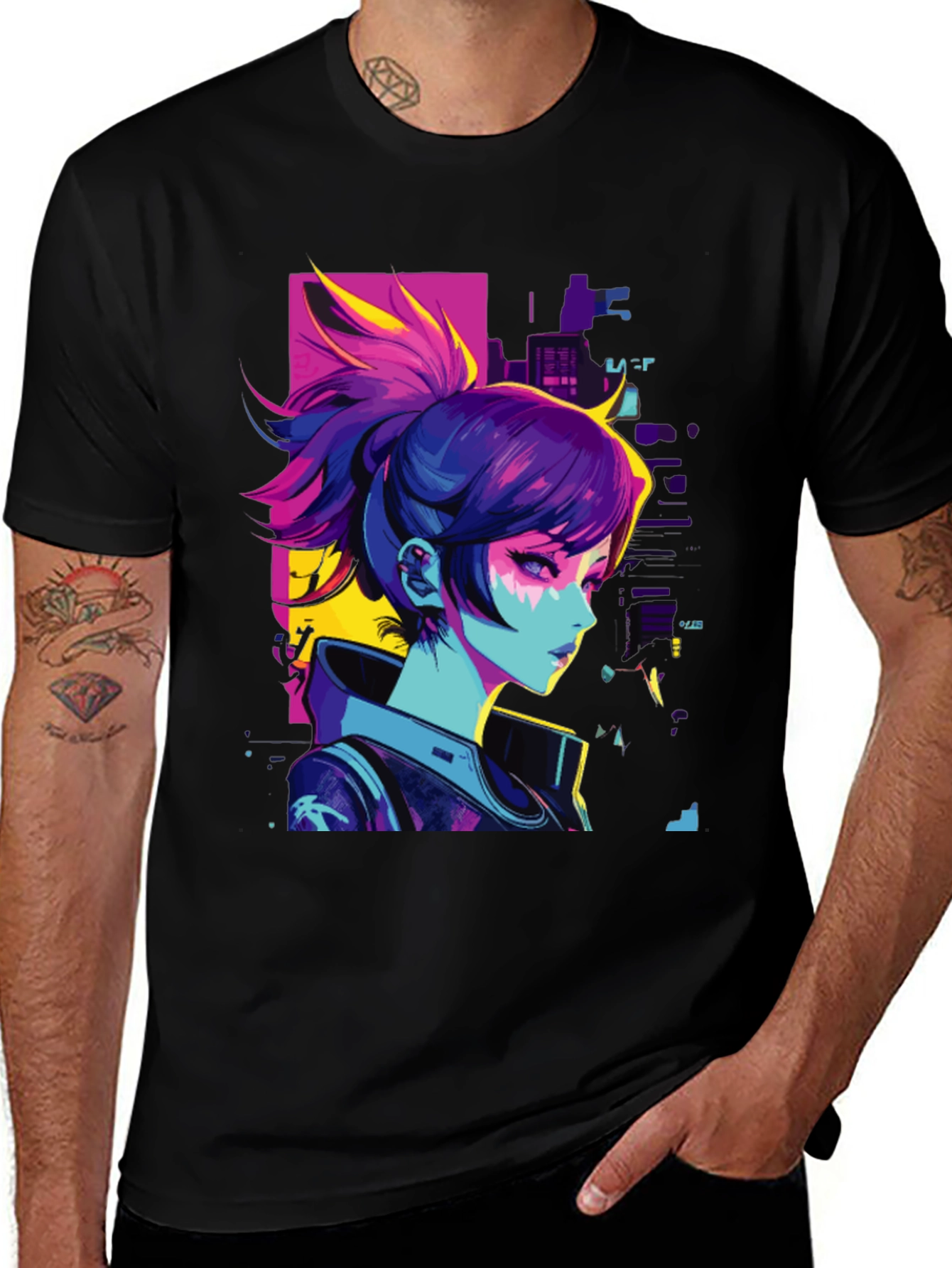 Variant 4 of Cyberpunk Anime Girl Graphic Black T-Shirt