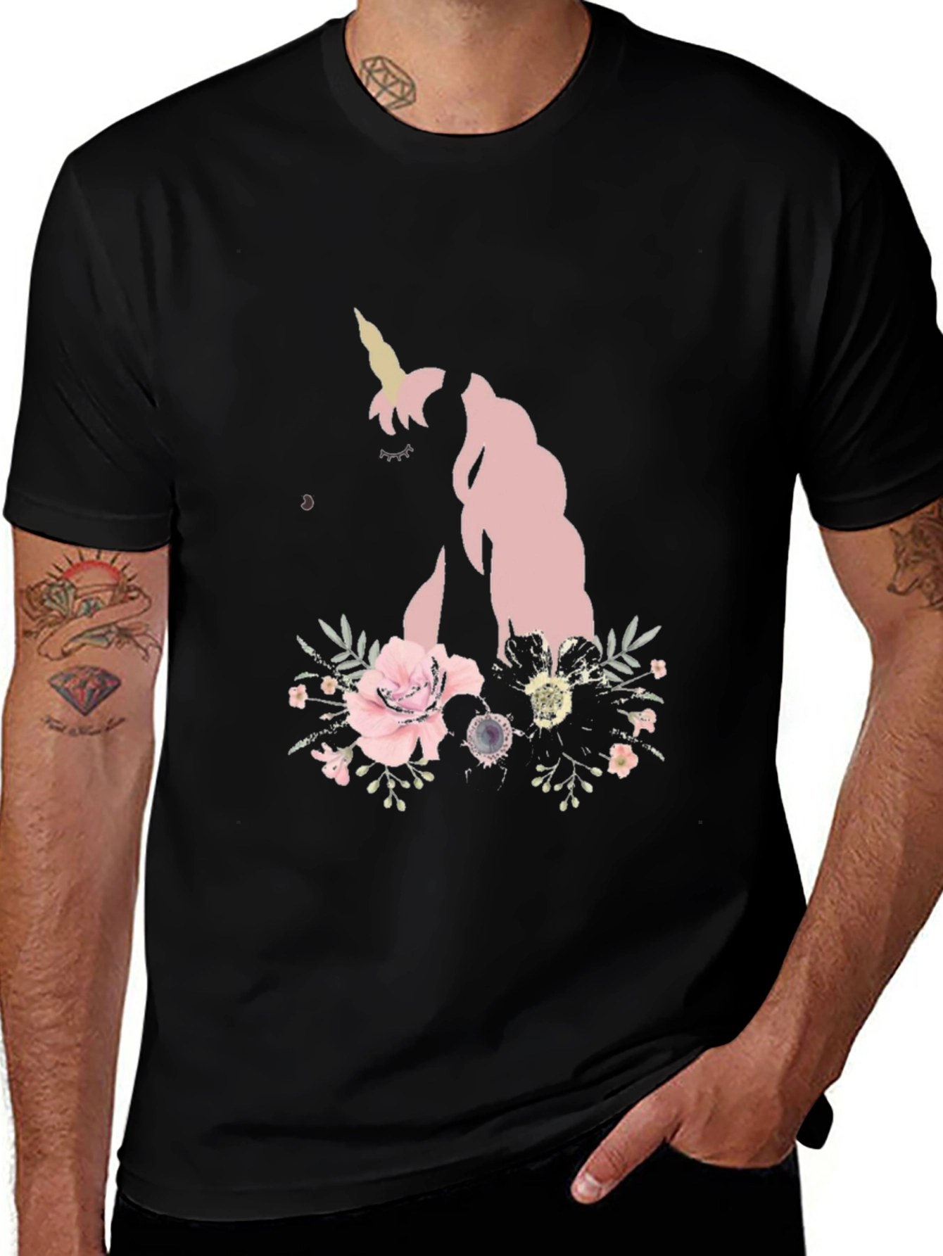 Black Floral Unicorn Black T-Shirt main image