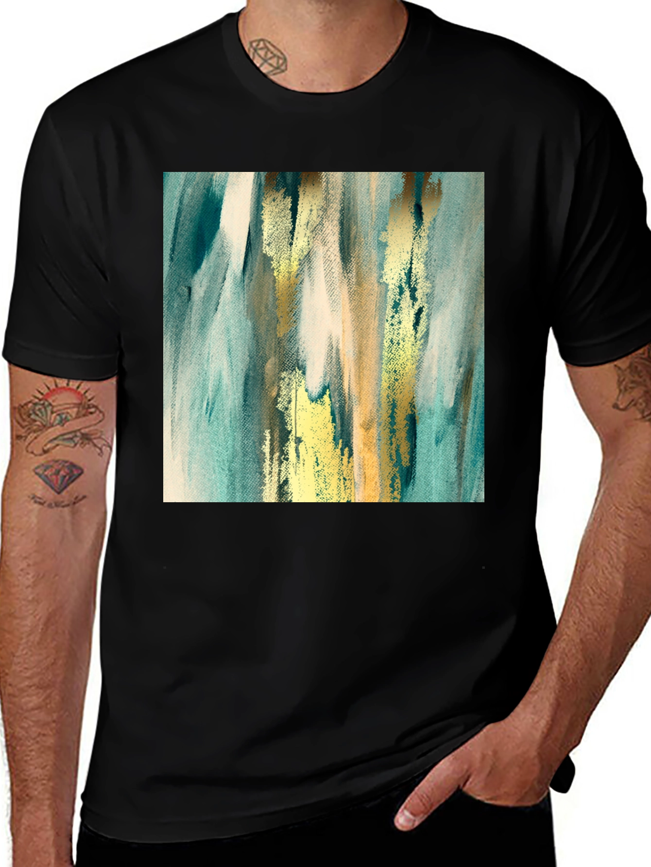 Variant 3 of Abstract Art Tee: Teal & Gold Brushstrokes on Black
