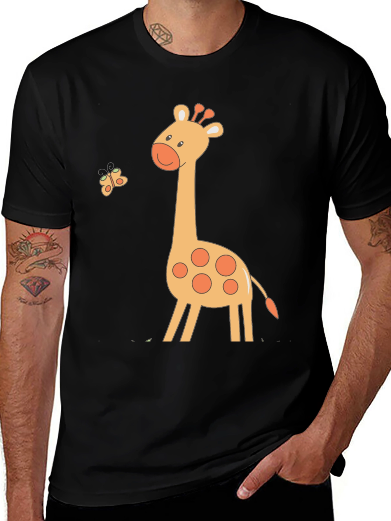 Variant 16 of Cute Giraffe & Butterfly Black T-Shirt