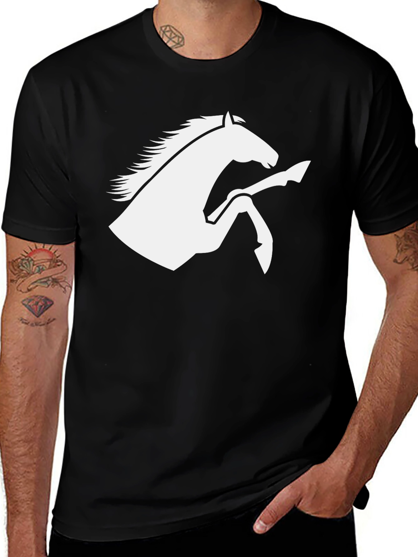 Variant 12 of Black T-Shirt with White Horse Graphic