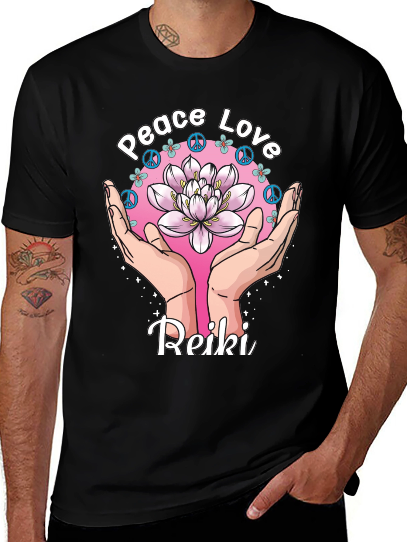 Variant 4 of Peace Love Reiki Lotus Flower Graphic Tee