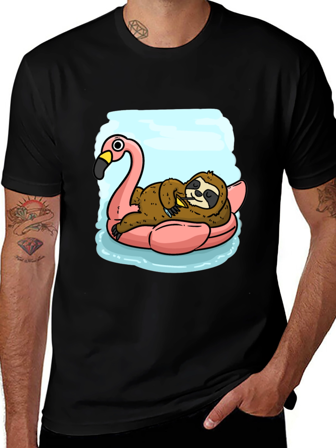 Variant 15 of Sloth on Flamingo Float T-Shirt - Relaxed Summer Vibes