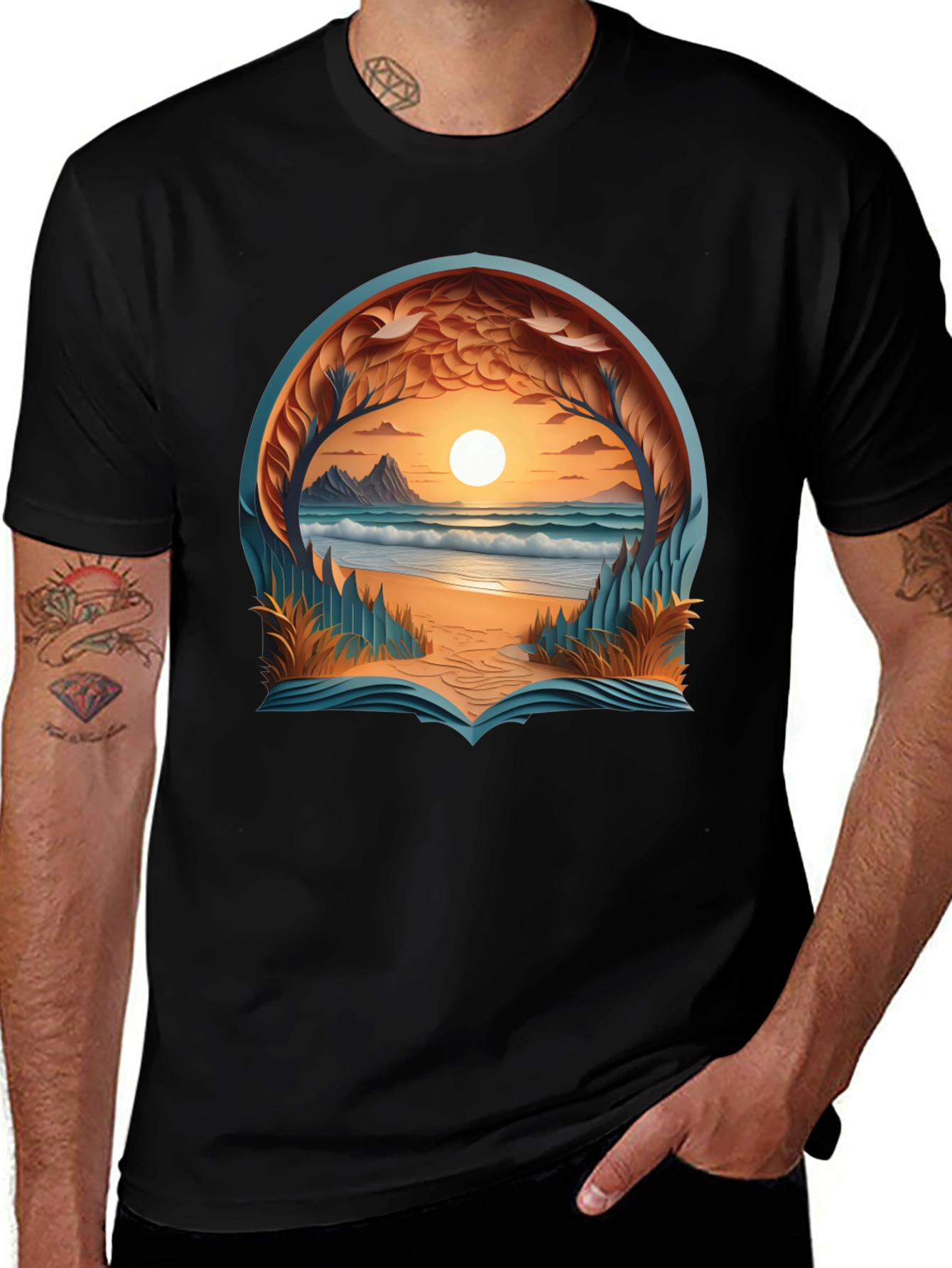 Variant 11 of Sunset Beach Graphic Tee - Black Cotton