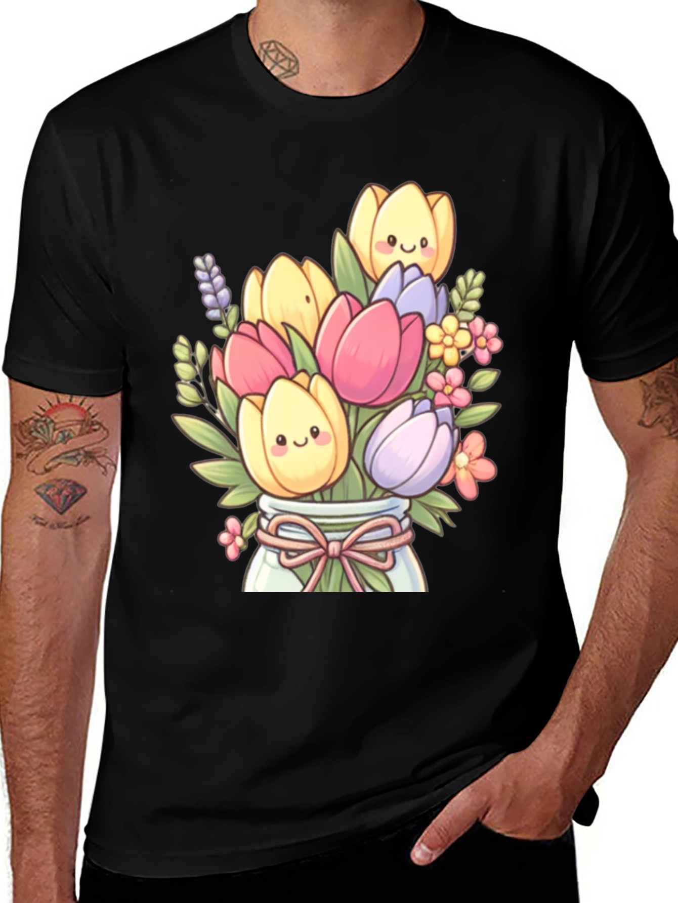 Floral Cartoon Graphic Tee - Cute Tulip Design