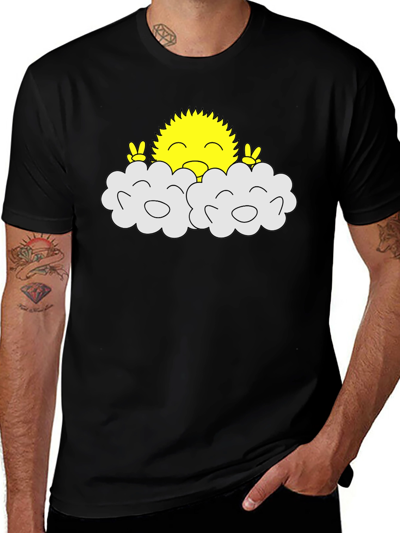 Variant 3 of Happy Sun Peeking Out of Clouds Black T-Shirt