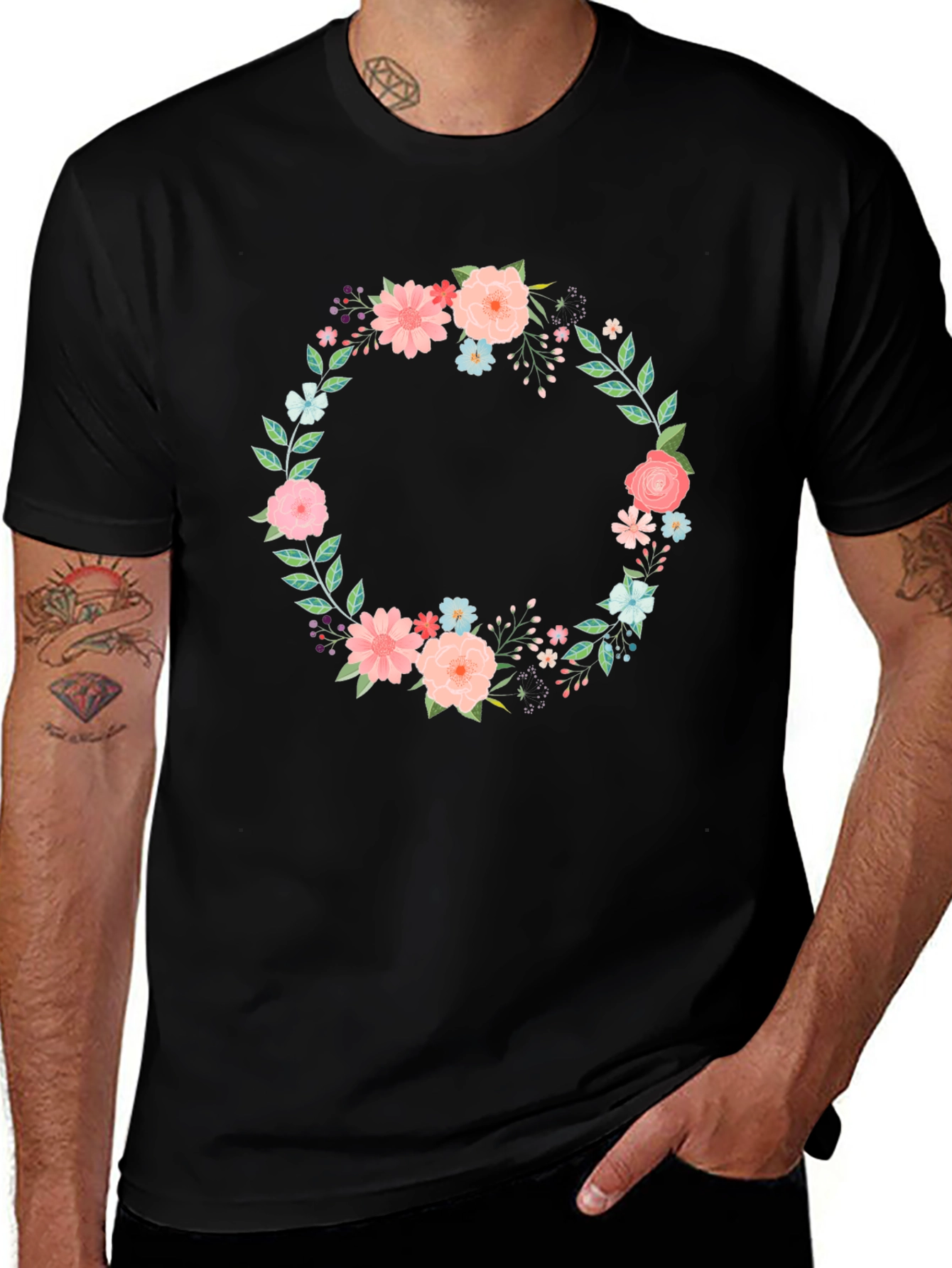 Variant 22 of Floral Wreath Graphic Black T-Shirt