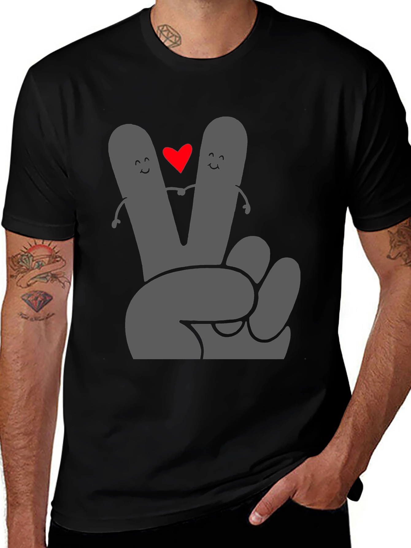 Variant 19 of Peace Love Tee: Grey Heart Hand Graphic Black T-Shirt