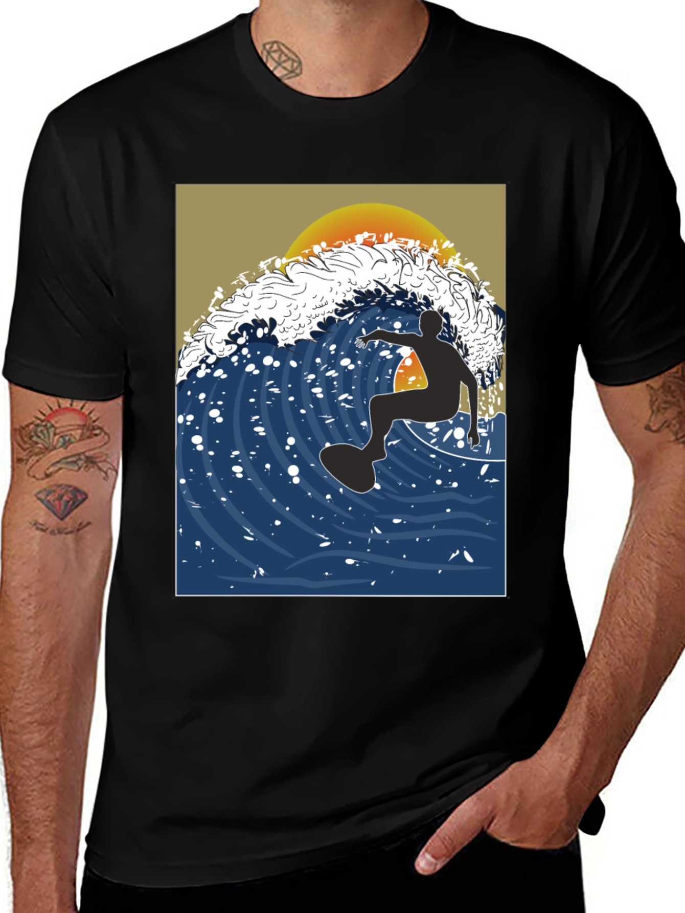 Variant 27 of Surfer Wave Graphic Tee - Black Cotton T-Shirt