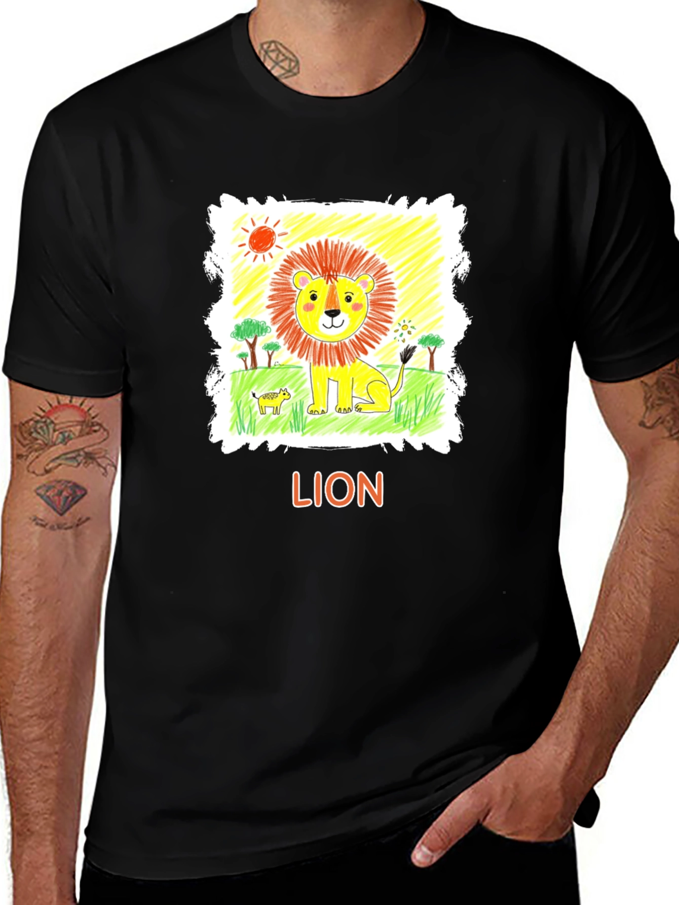 Variant 12 of Lion Drawing Black T-Shirt - Fun Animal Tee