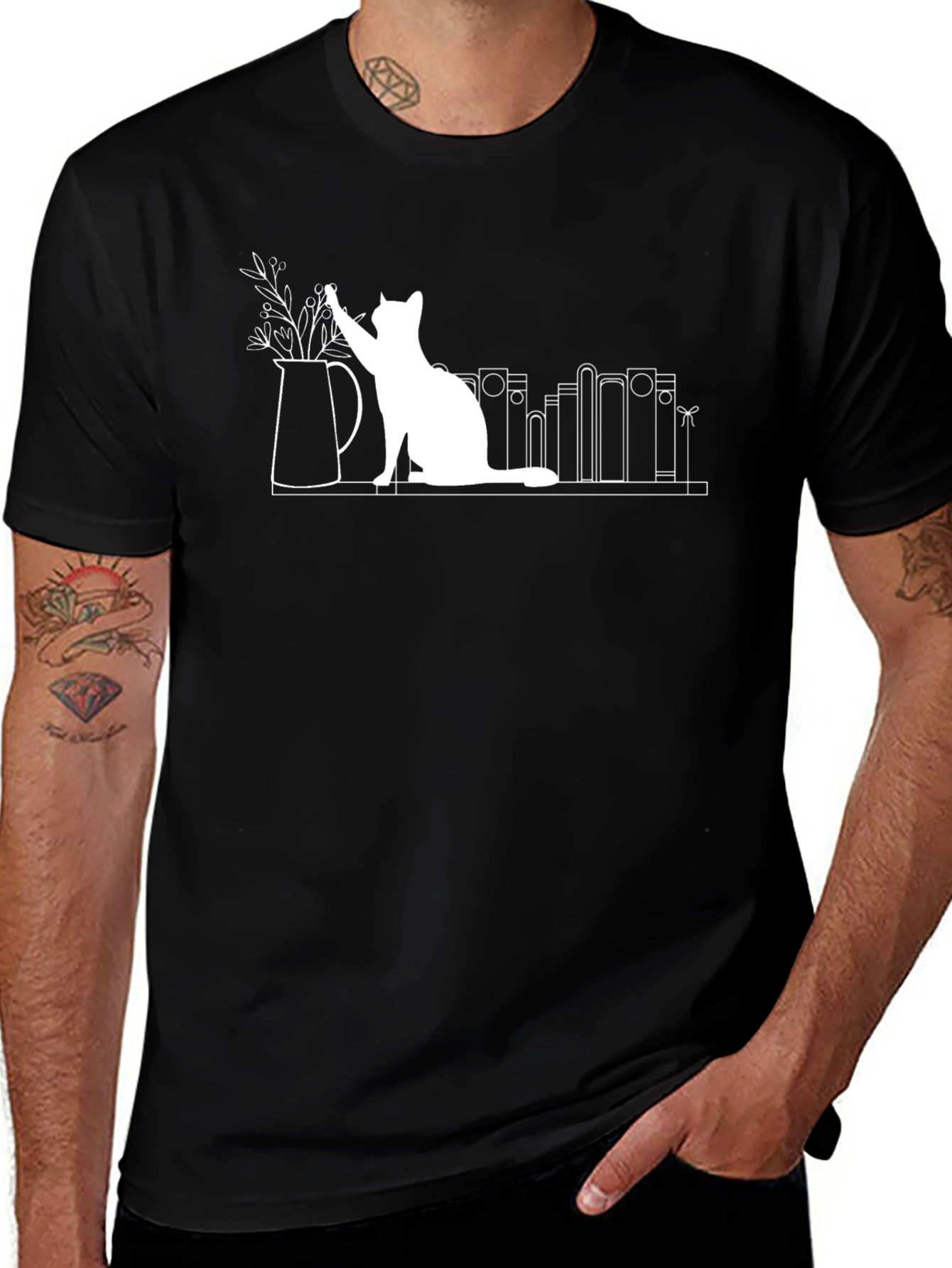 Variant 23 of Quirky Cat & Books T-Shirt - Unique Graphic Tee