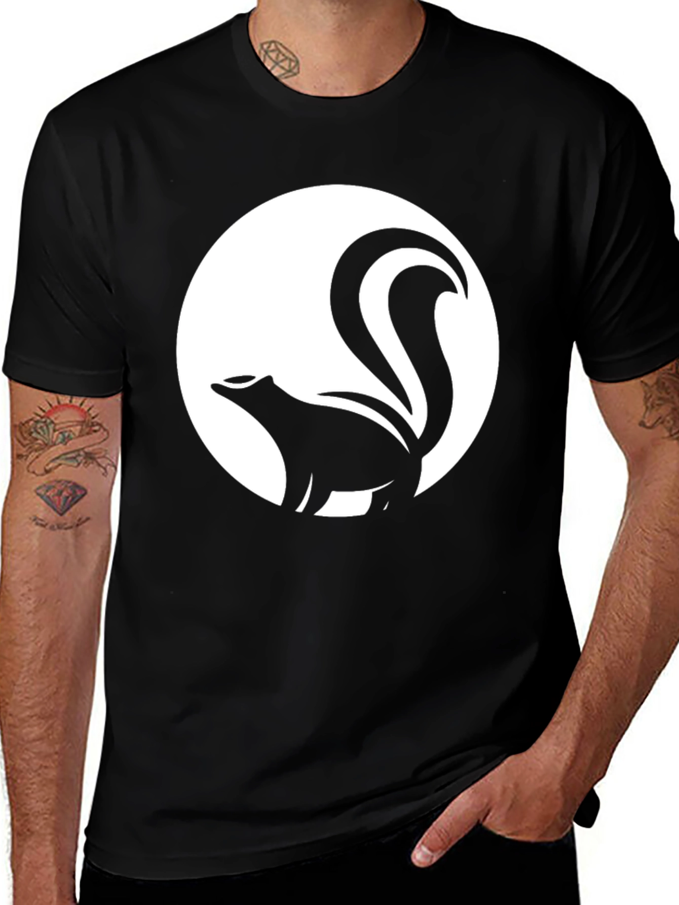 Variant 14 of Skunk Graphic Tee - Round Design on Black Cotton Shirt
