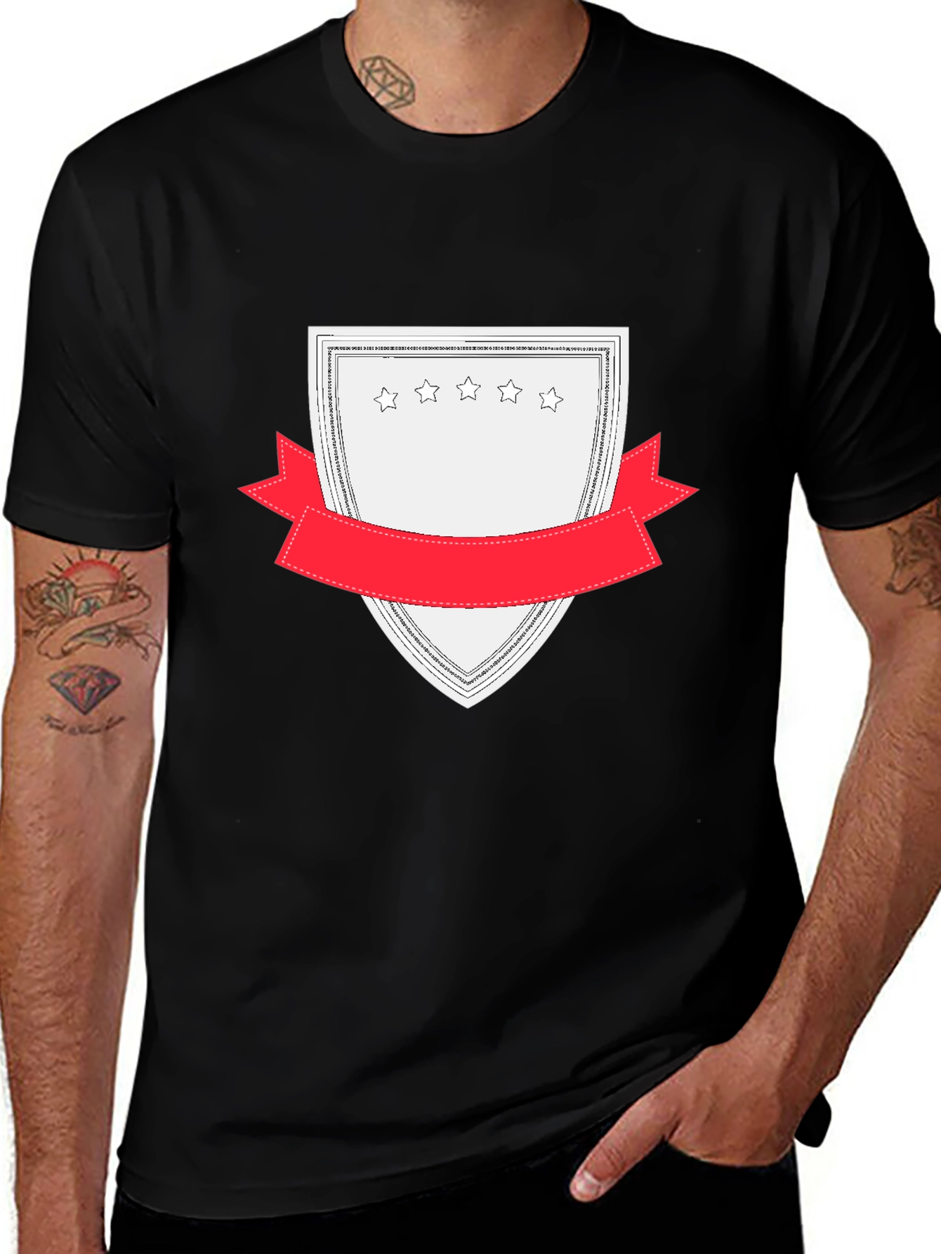 Men's Black Tee with Graphic Shield & Ribbon