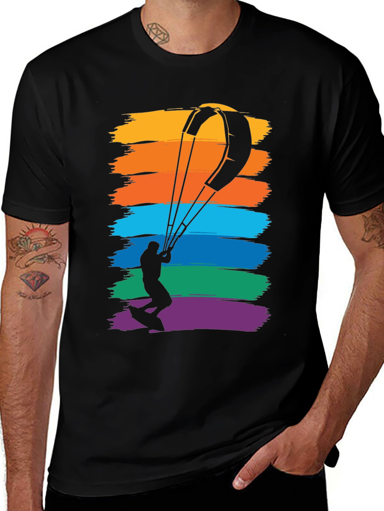 Variant 9 of Kitesurfing Rainbow Graphic Tee - Men's Black T-Shirt