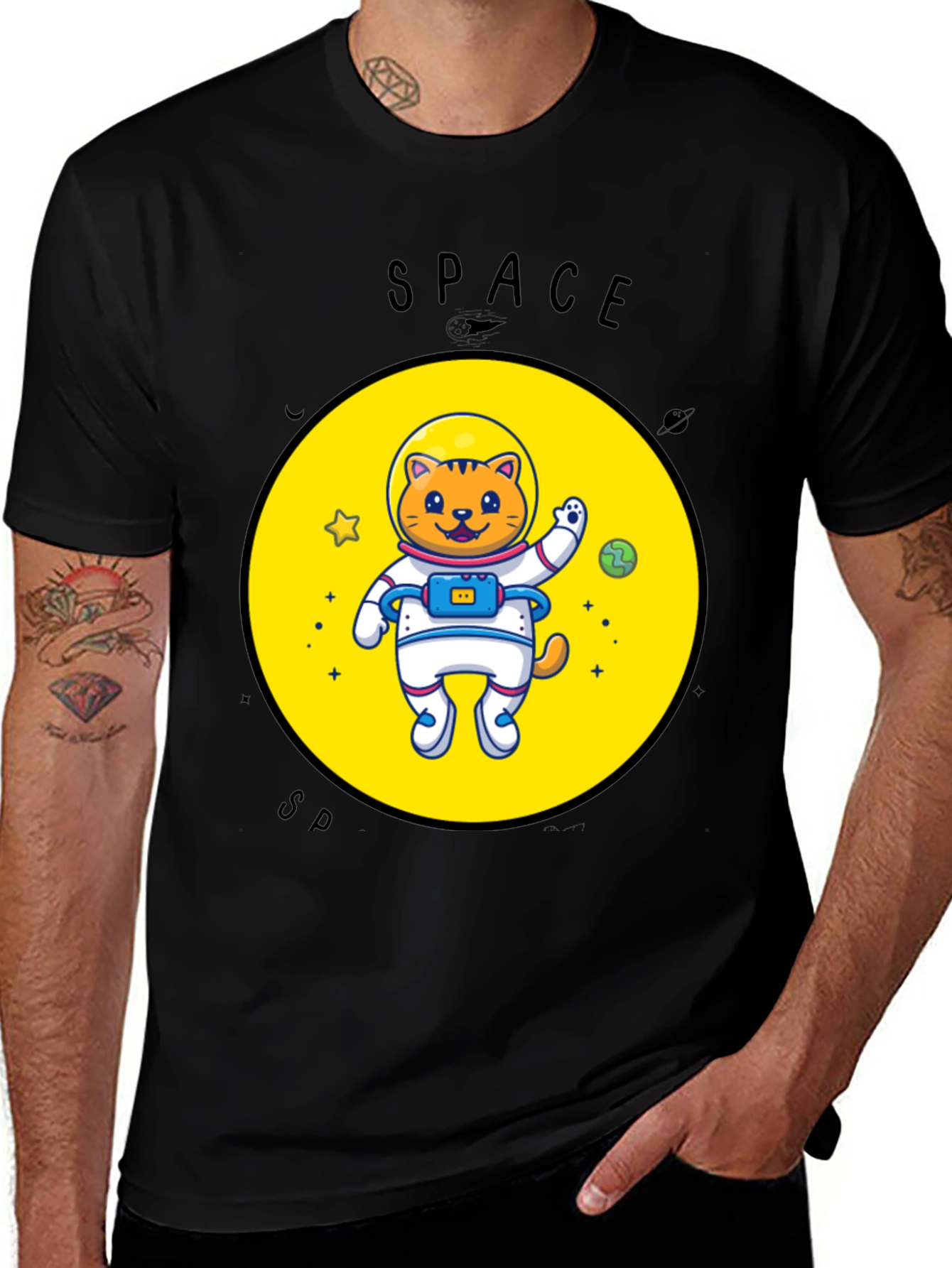 Variant 16 of Space Cat Astronaut Graphic T-Shirt - Black
