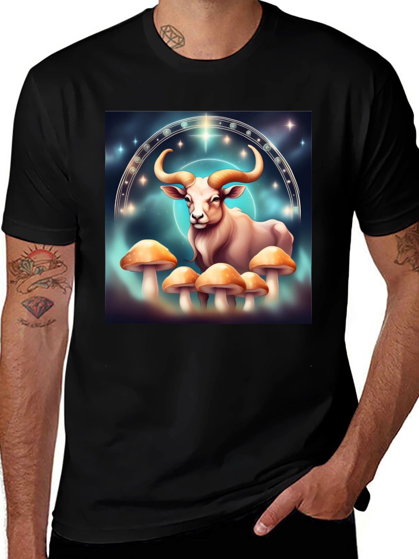 Taurus Zodiac T-Shirt - Cosmic Bull & Mushrooms
