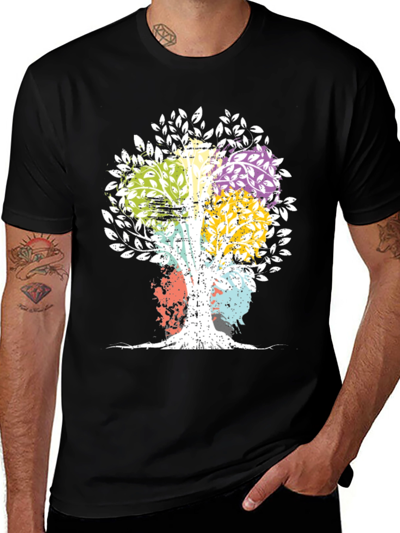 Colorful Tree Graphic Print Black T-Shirt