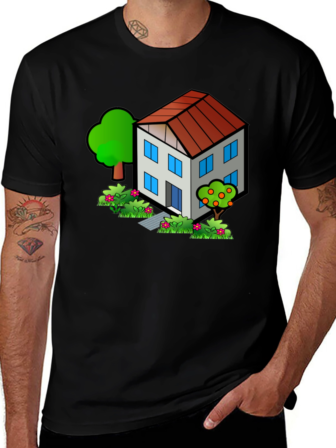 Variant 9 of Cartoon House Graphic Black T-Shirt