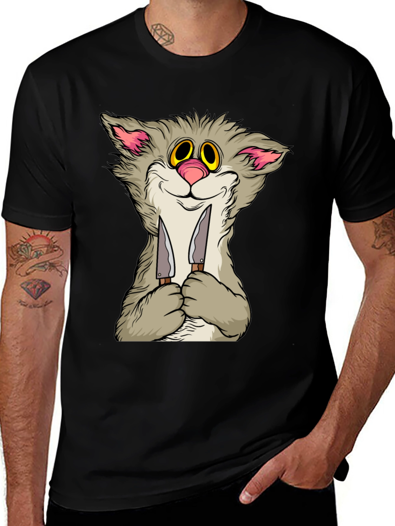 Variant 25 of Knife Cat Graphic T-Shirt - Men's Black Tee