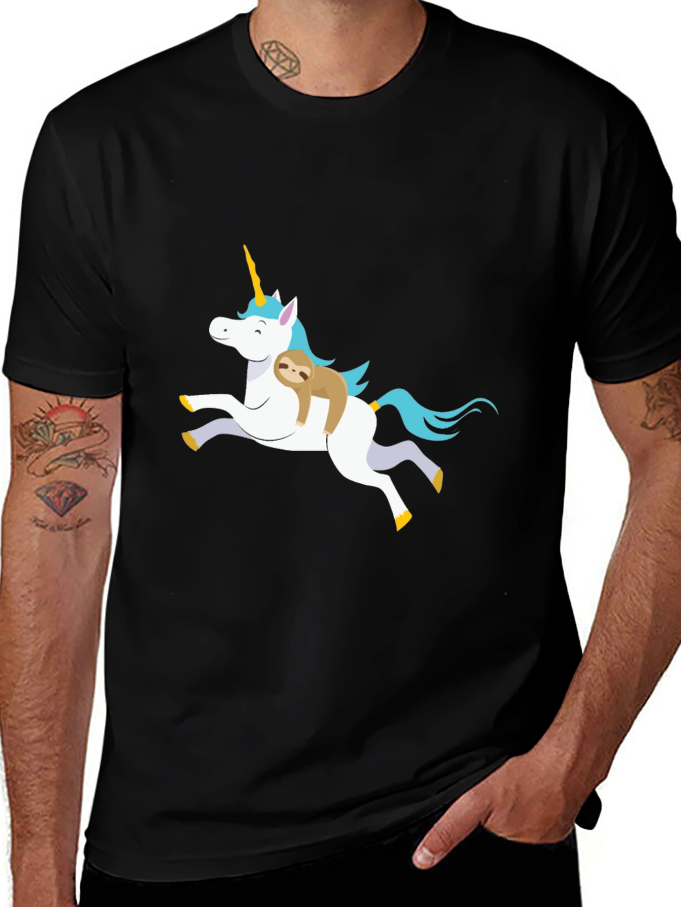 Black Unicorn Sloth Graphic T-Shirt, Black main image