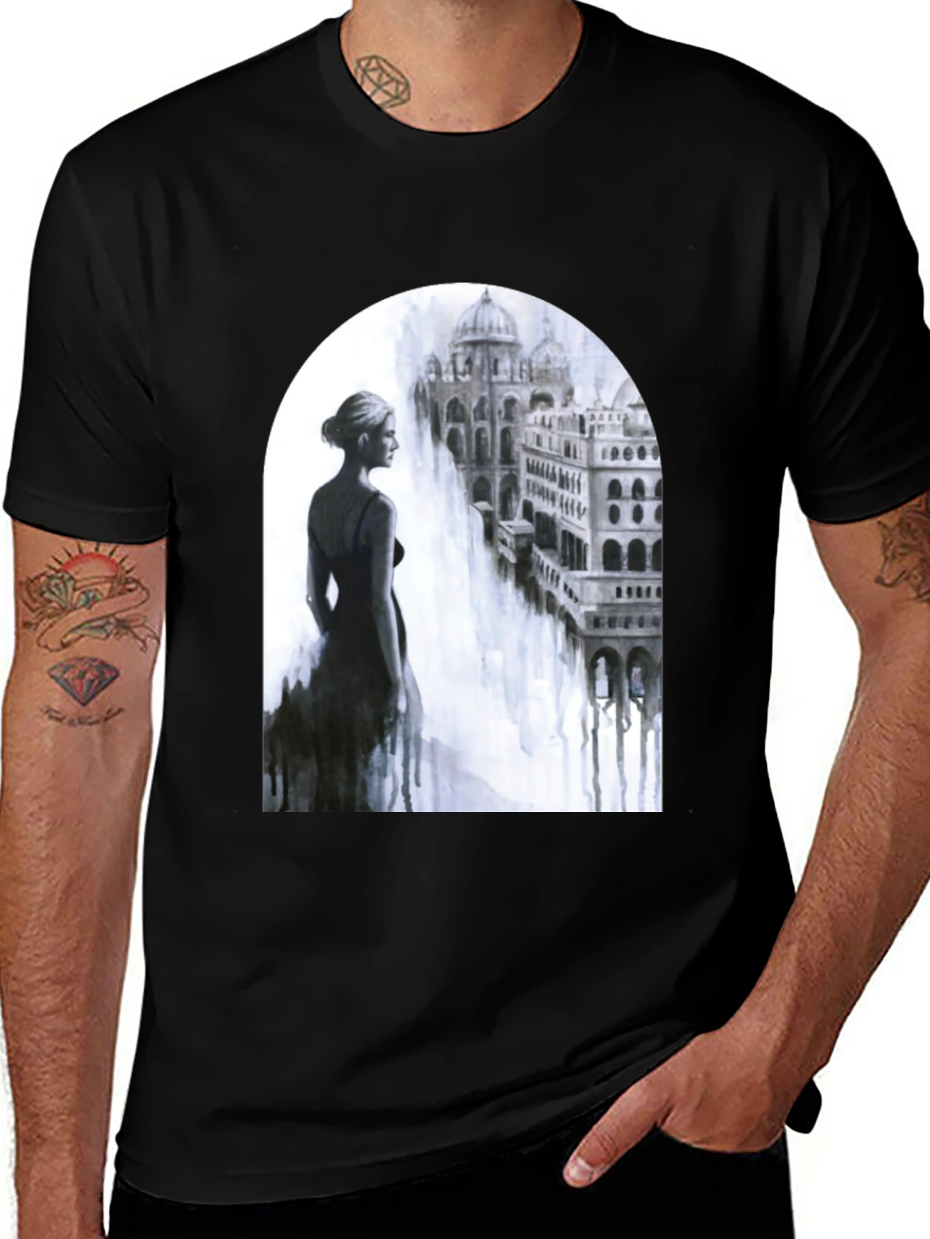 Variant 16 of Elegant Woman & Cityscape Black T-Shirt