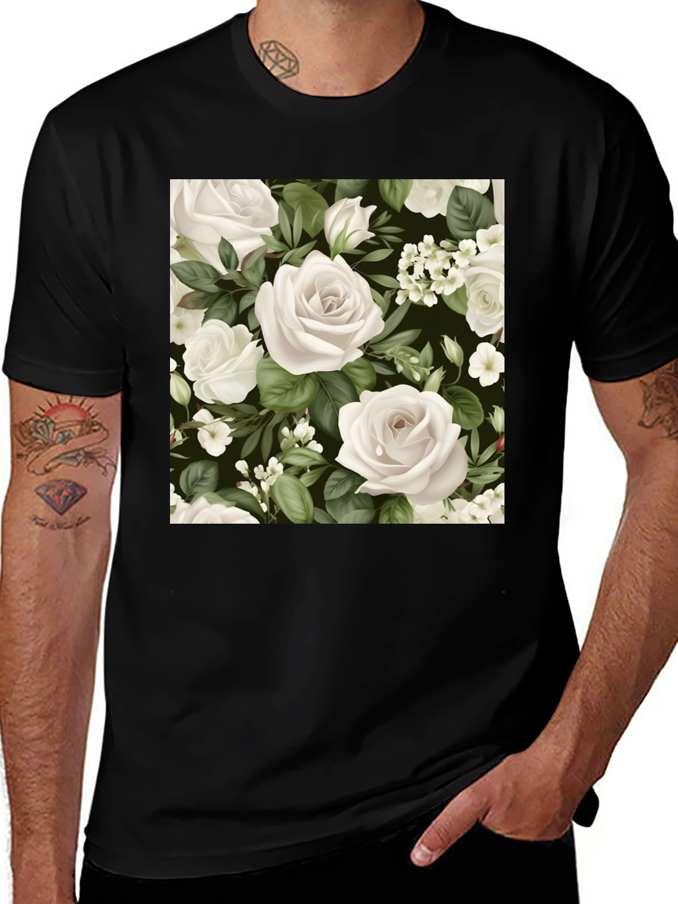 Variant 9 of Floral Rose T-Shirt - Black Cotton Blend
