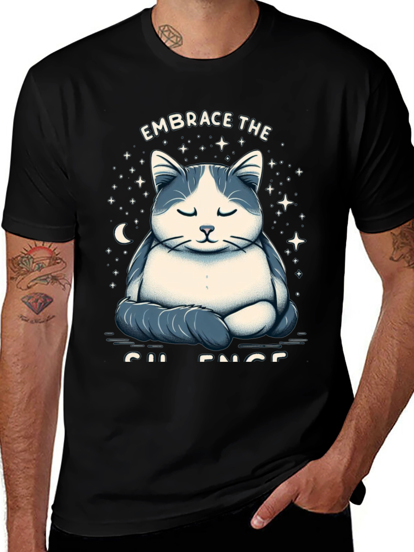 Black Zen Cat Meditation Graphic T-Shirt main image