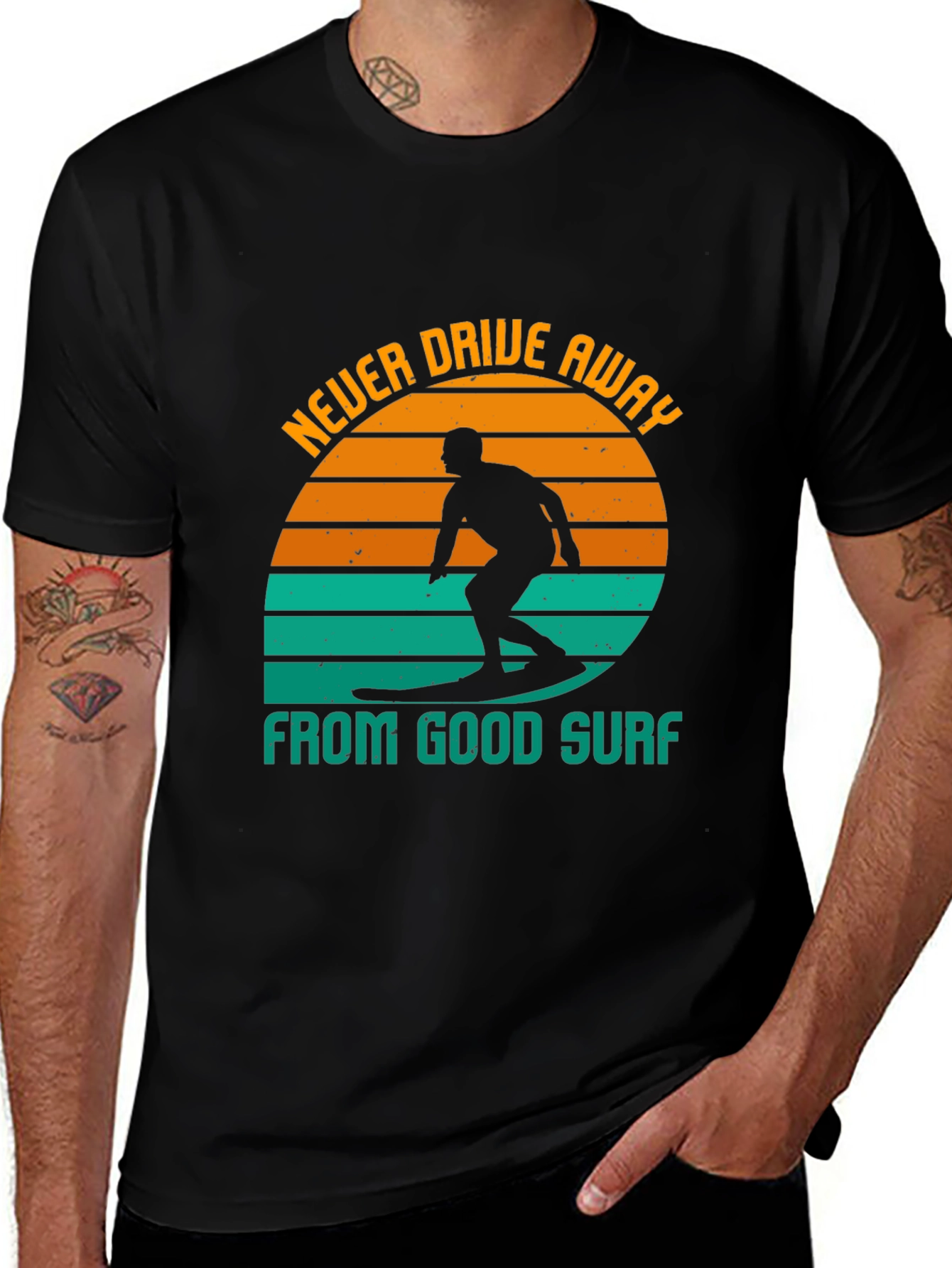 Variant 4 of Surfer T-Shirt: Never Drive Away From Good Surf - Black