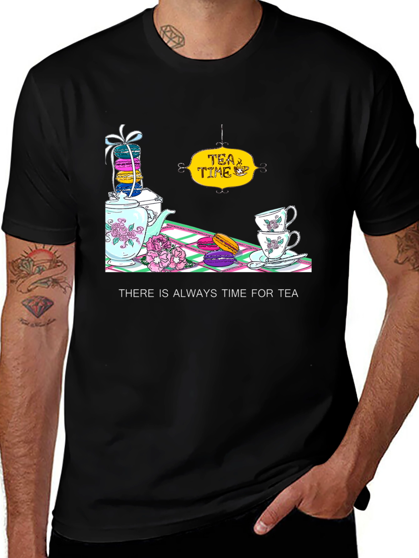 Variant 4 of Tea Time T-Shirt - Macarons and Teacups Design