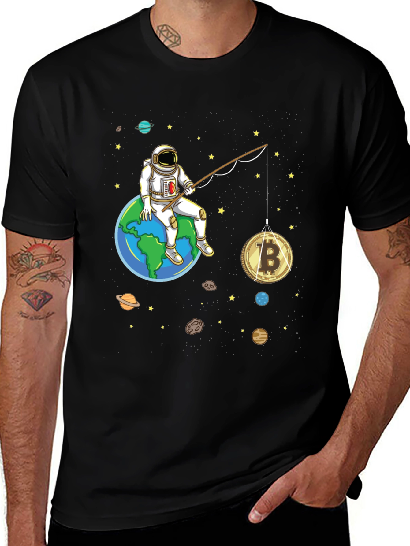 Variant 7 of Astronaut Bitcoin Fishing Graphic Tee