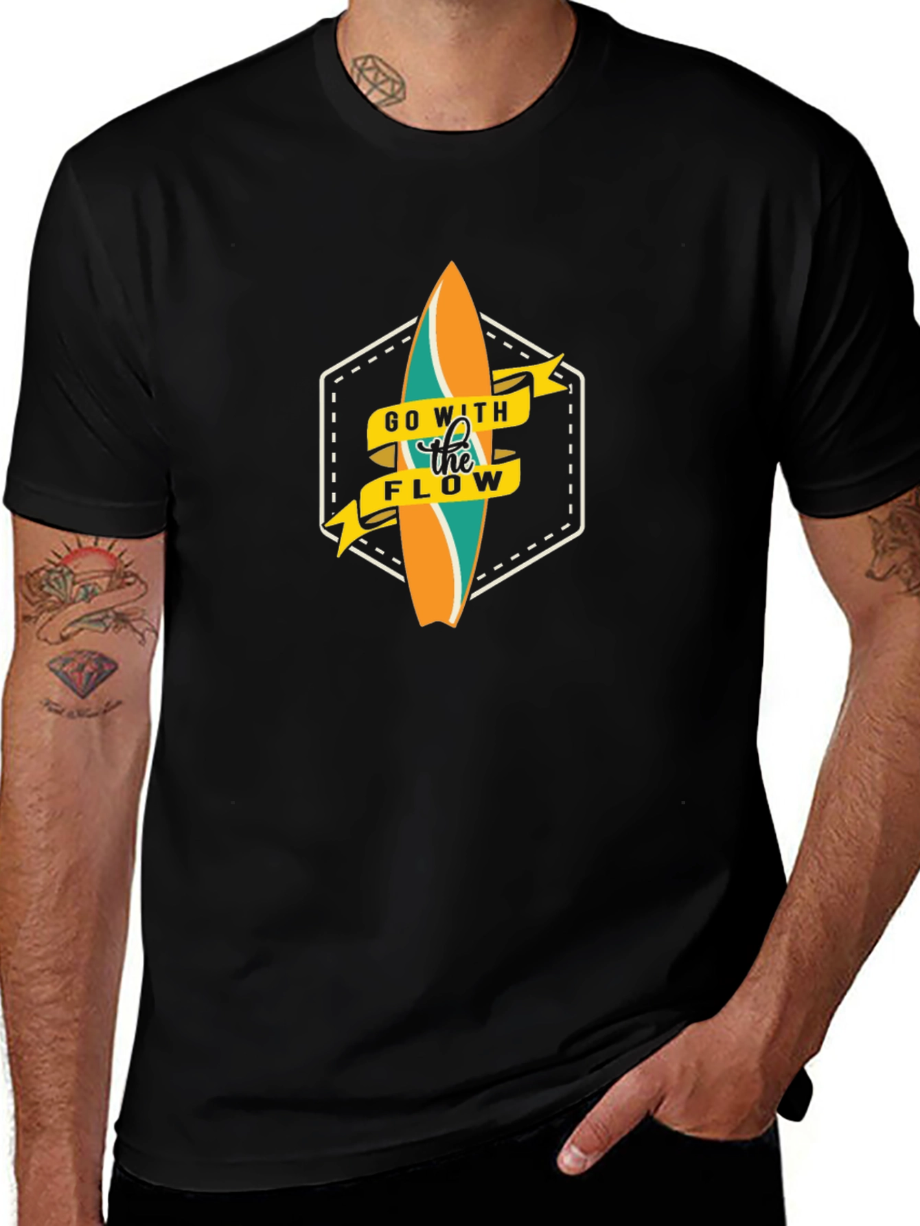 Variant 6 of Go With The Flow Surfboard Graphic Black T-Shirt