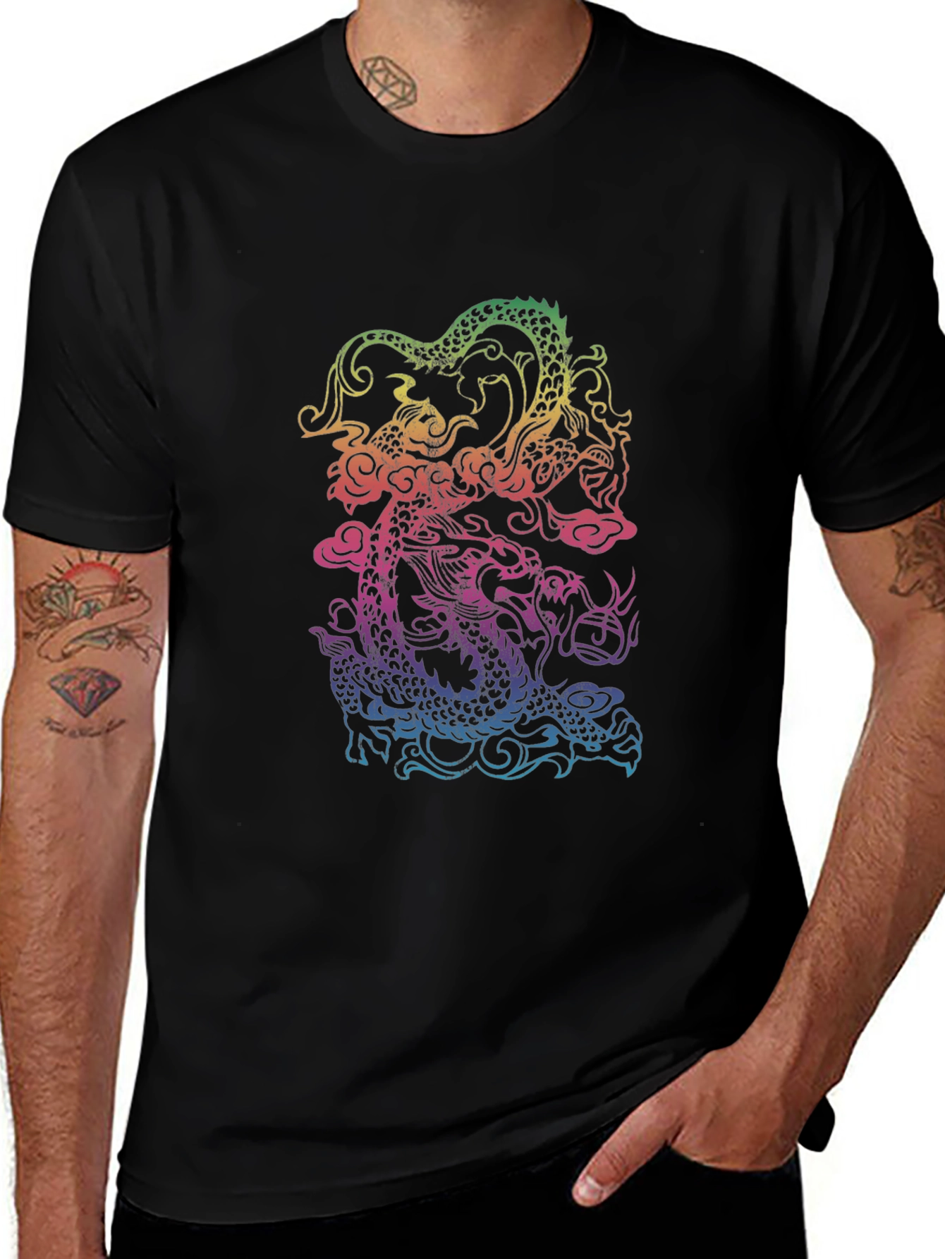 Variant 17 of Rainbow Dragon Graphic Black T-Shirt
