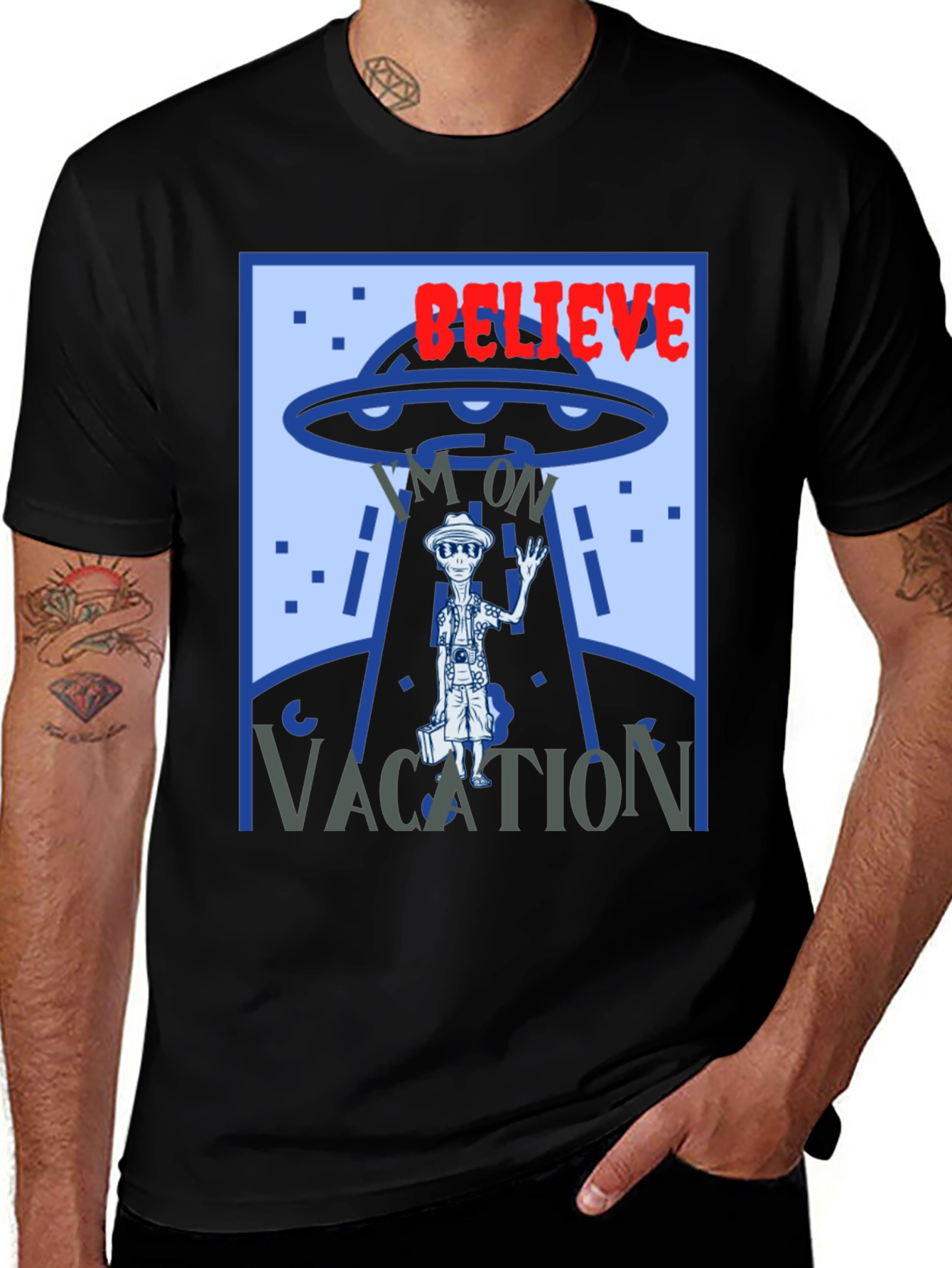 Variant 29 of Believe I'm On Vacation Alien UFO Graphic T-Shirt