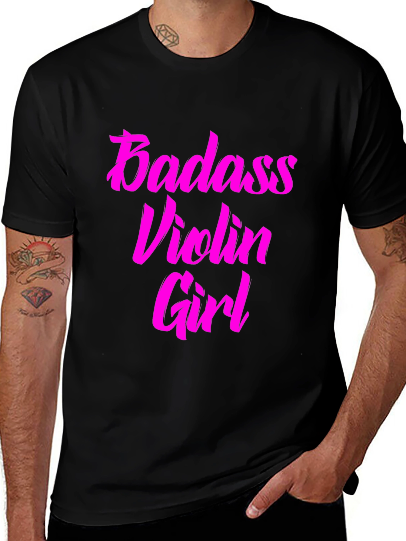 Variant 11 of Badass Violin Girl Graphic Tee - Black Cotton T-Shirt
