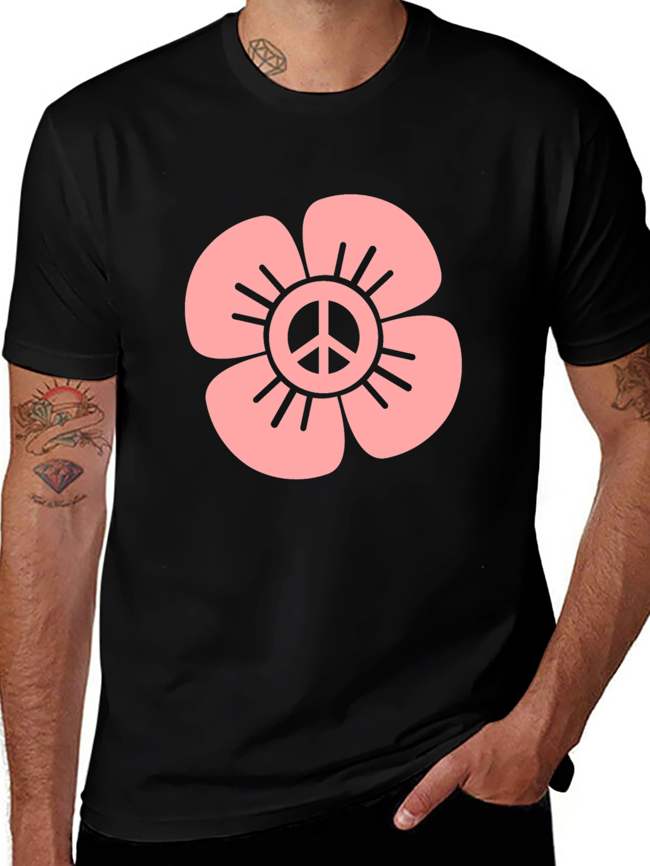 Variant 7 of Peace Flower Graphic Tee - Black Cotton Blend