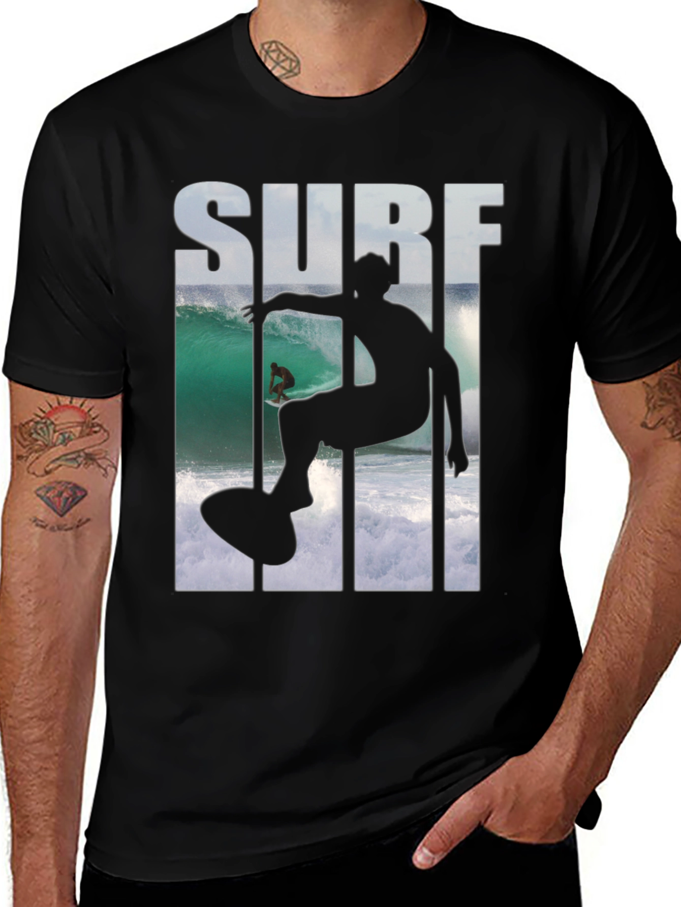 Variant 27 of Surfing Silhouette Graphic Tee - Men's Black T-Shirt
