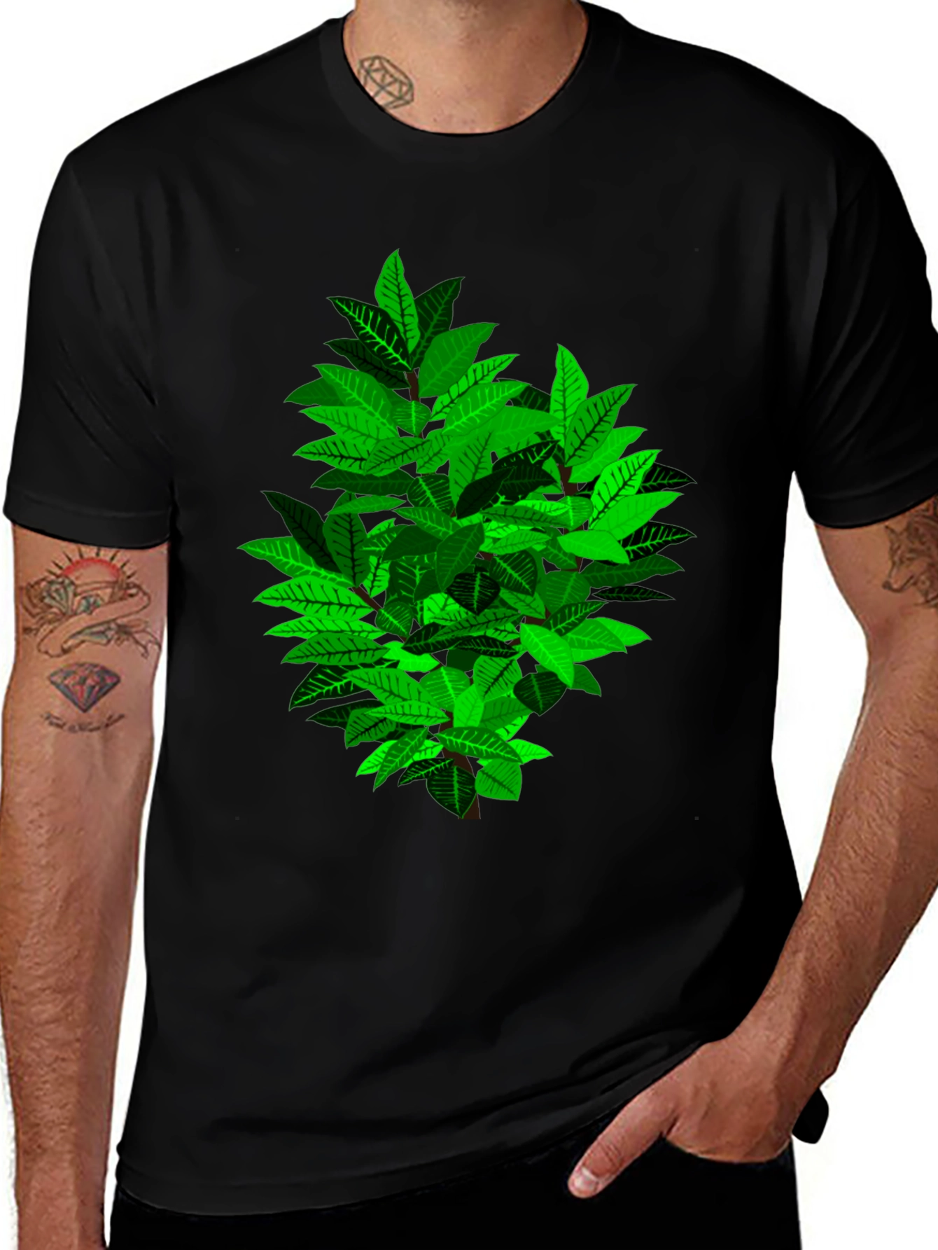 Variant 7 of Green Leaf Bush Graphic Black T-Shirt