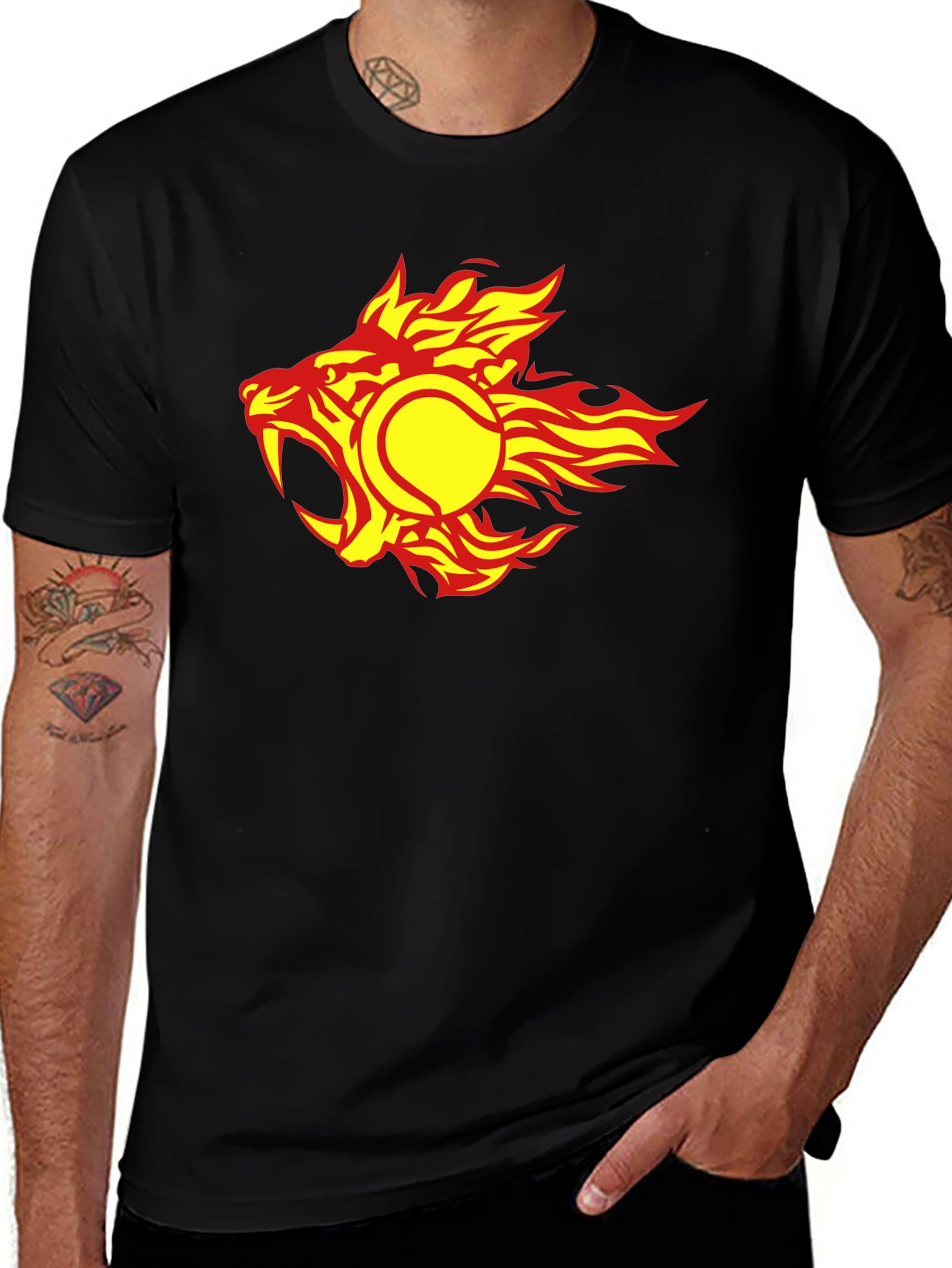 Variant 26 of Fiery Tennis Ball Lion Graphic Tee - Cool Black T-Shirt