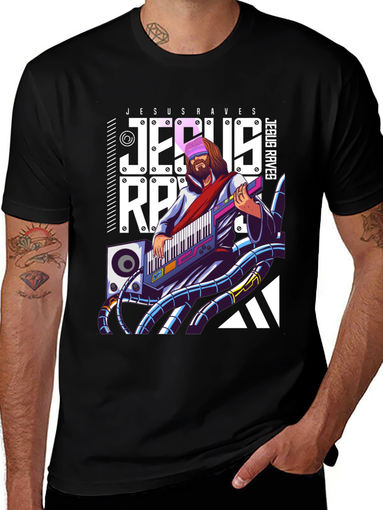 Variant 28 of Jesus Raves Black Graphic T-Shirt - Electronic Music