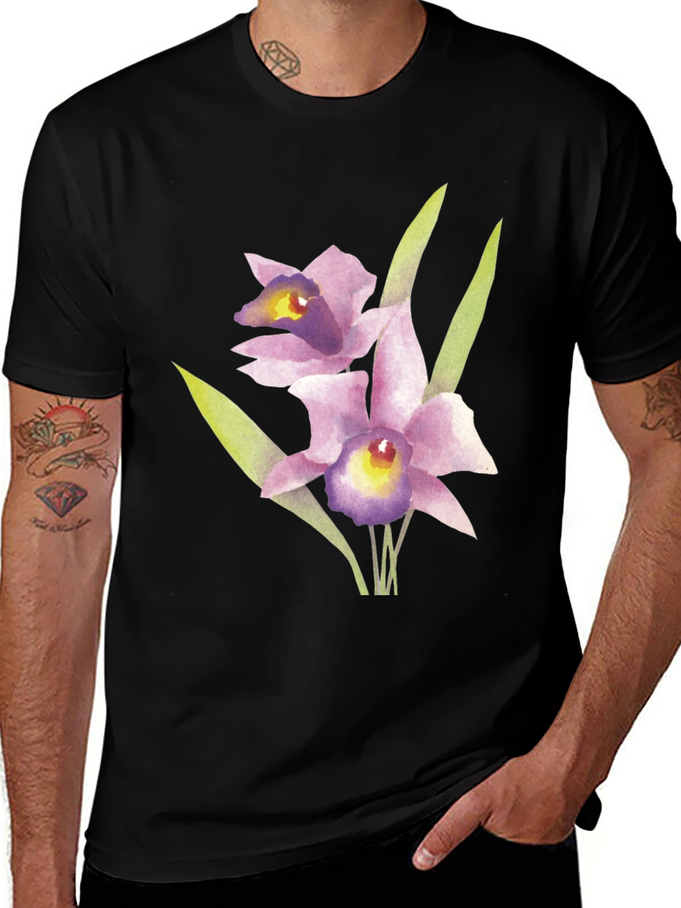 Floral Orchid Graphic Print Black T-Shirt