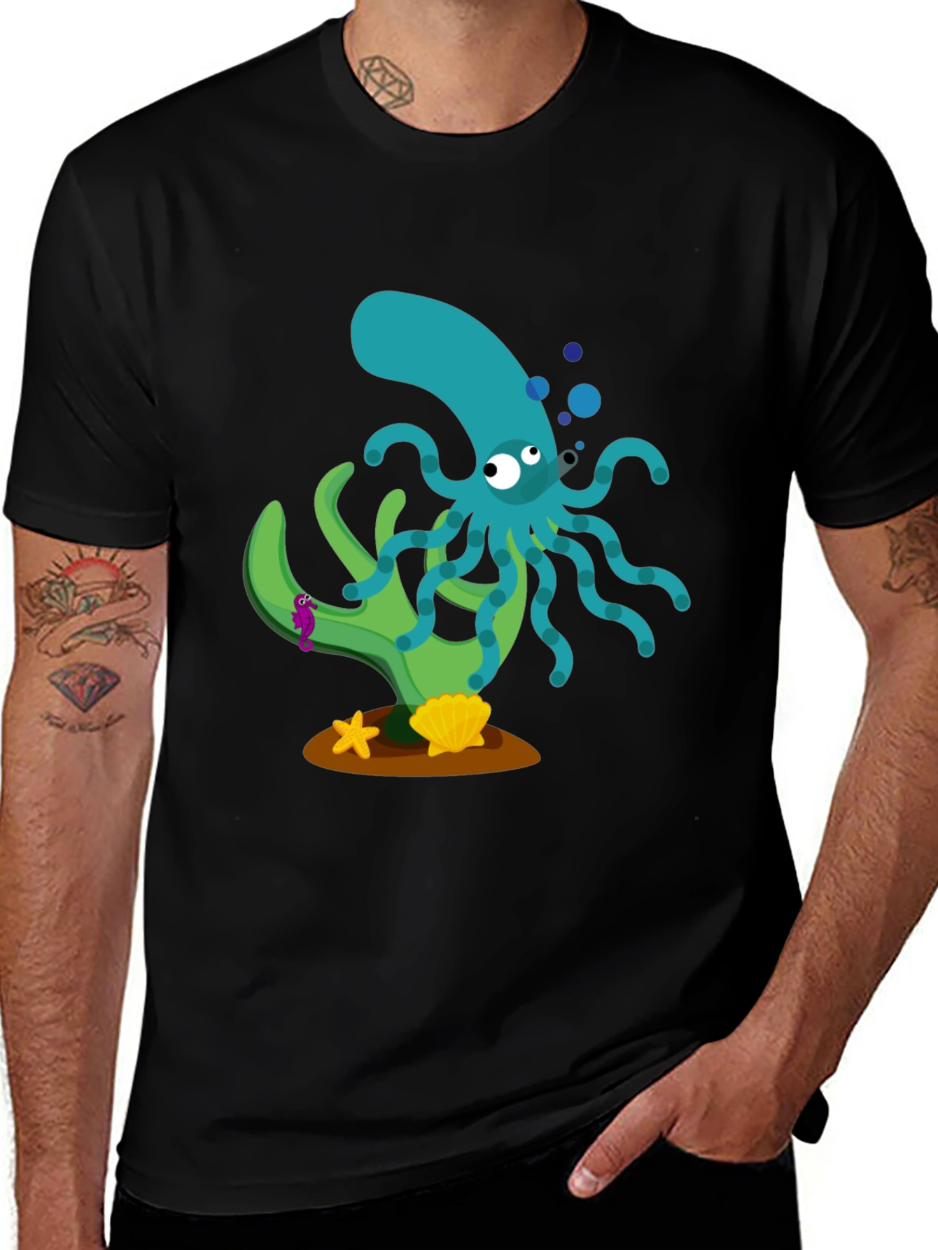 Black Cartoon Octopus Graphic Print Black T-Shirt main image