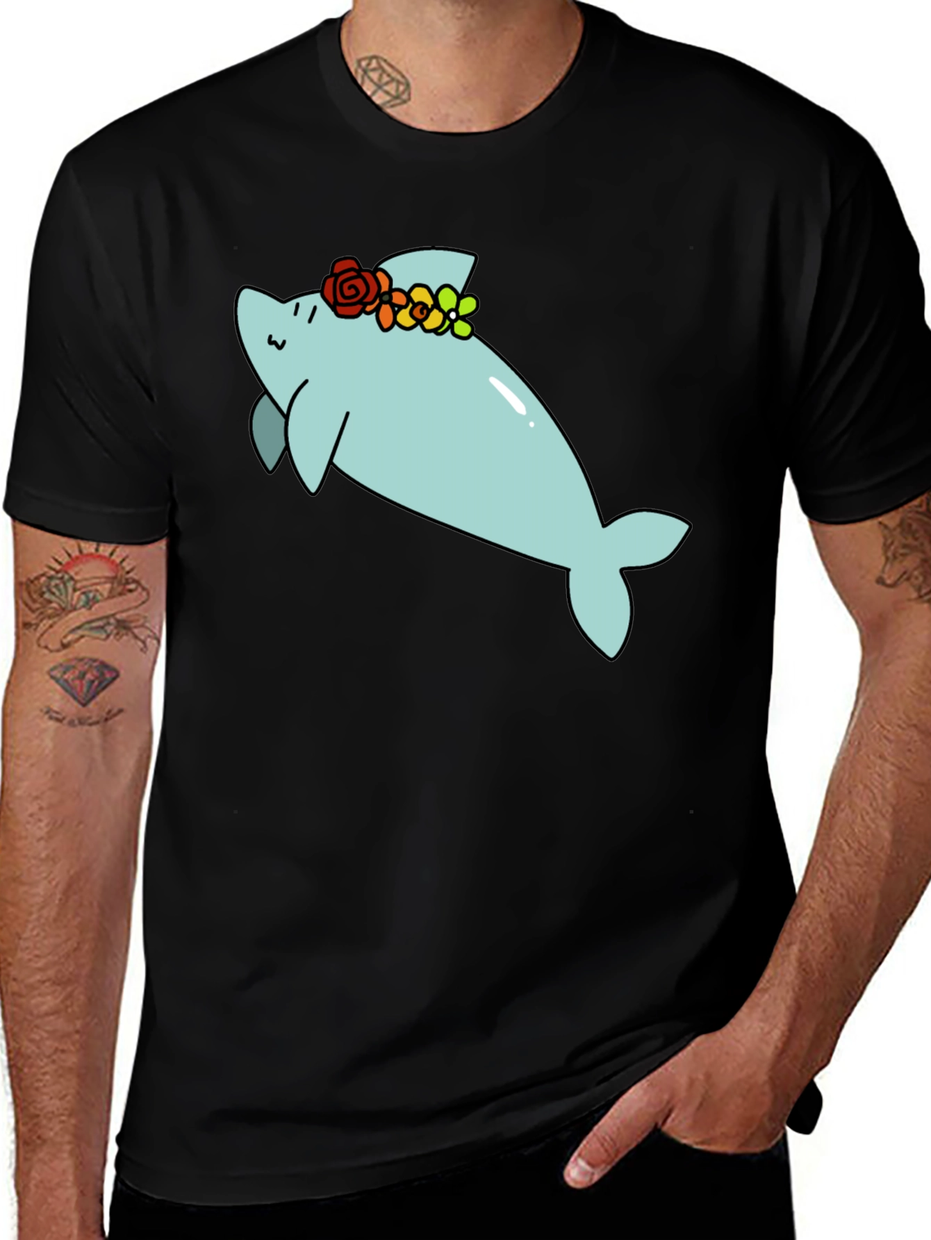 Variant 21 of Cute Dolphin Tee with Flower Crown - Black Cotton T-Shirt