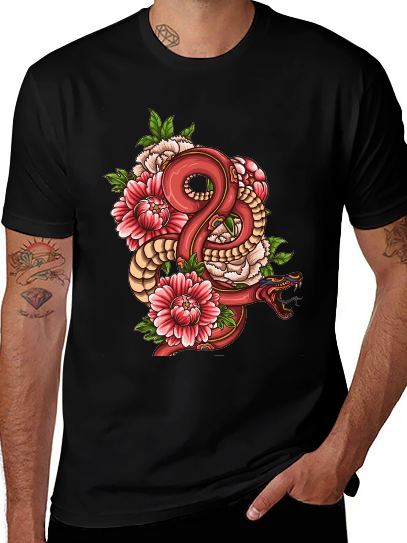 Variant 25 of Snake & Floral Graphic Black T-Shirt