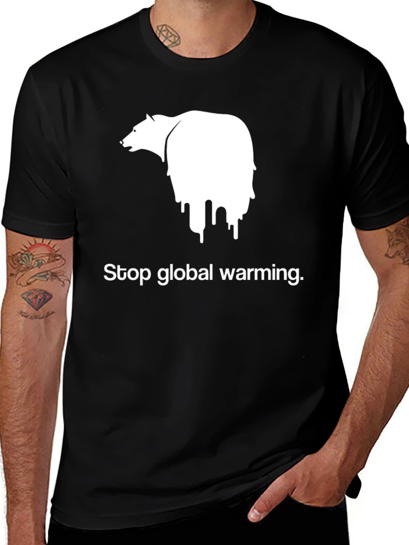 Stop Global Warming Bear Graphic T-Shirt - Black