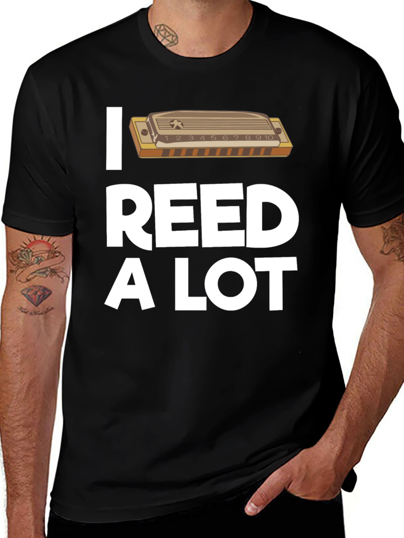 I Reed A Lot Harmonica Black Graphic T-Shirt