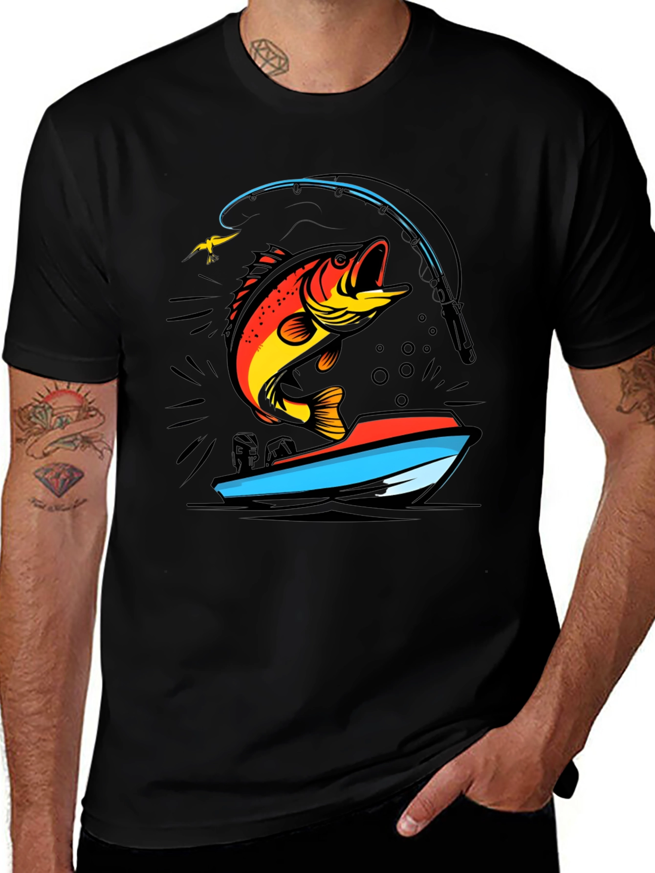 Black Fishing T-Shirt: Bass Jumping From Boat main image