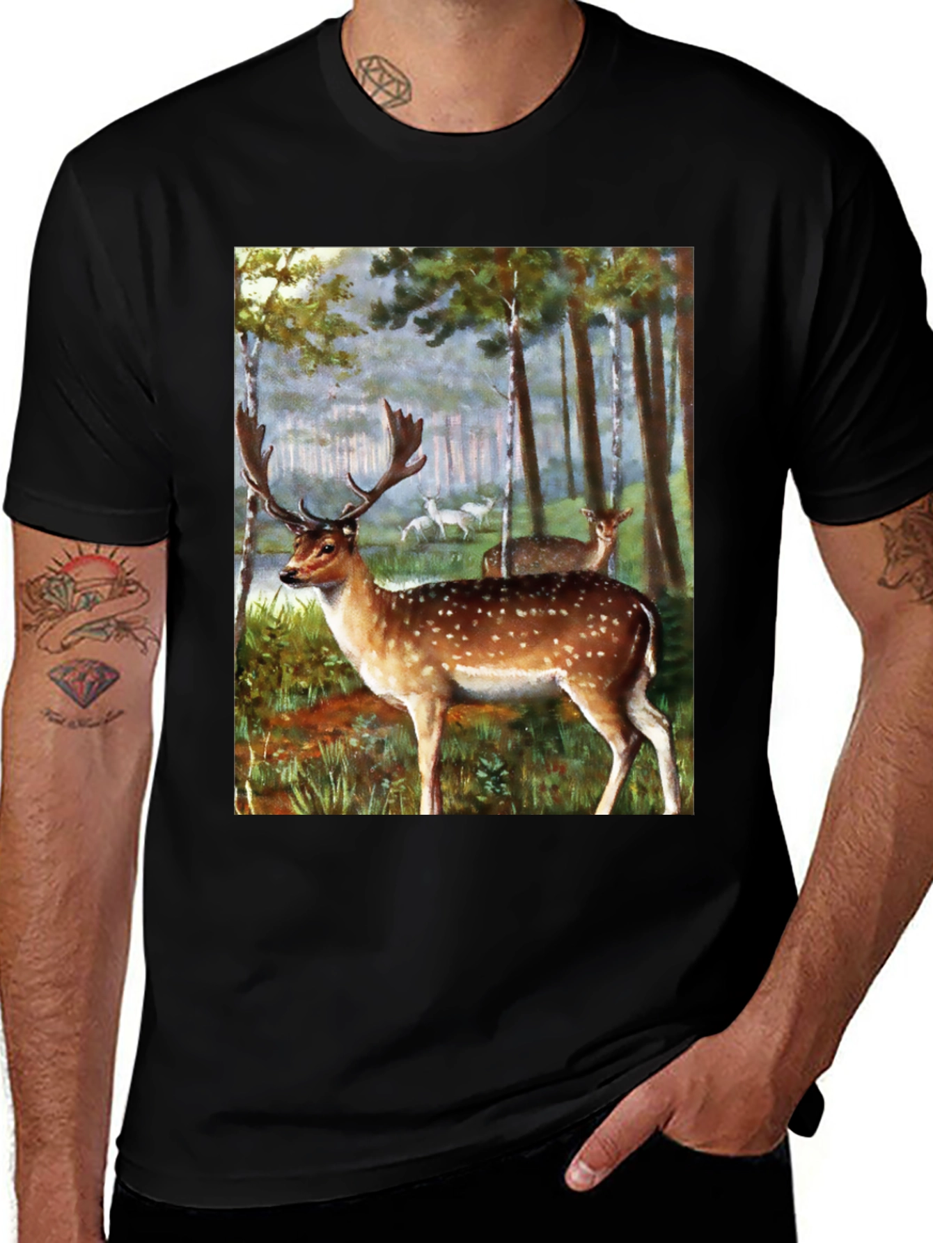Variant 8 of Deer in Forest Graphic Tee - Black