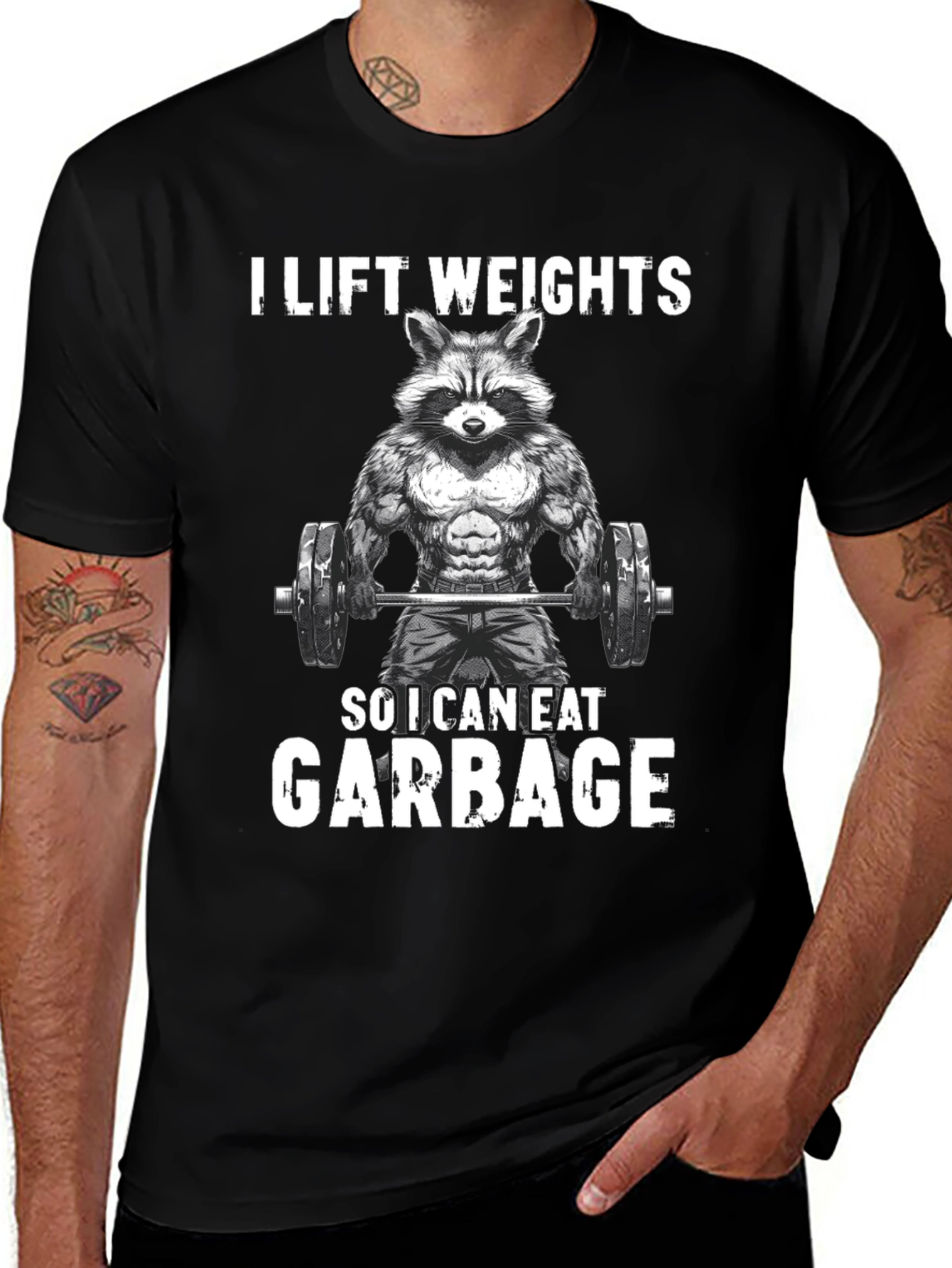 Variant 27 of Funny Raccoon Weightlifting Graphic Tee