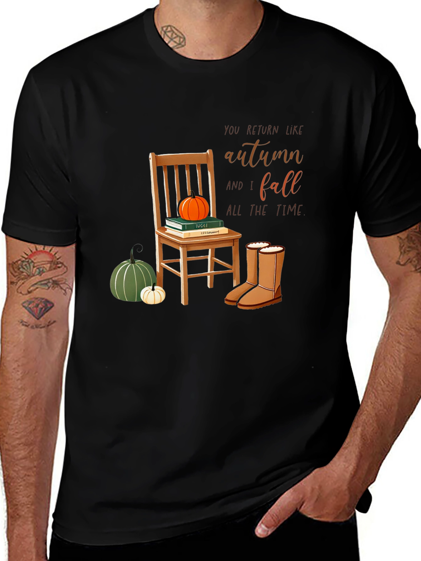 Autumn Theme T-Shirt: Chair, Pumpkins, Boots